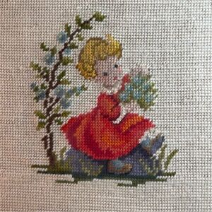 Vintage 1970s Needlepoint Embroidery Precious Boy and Girl